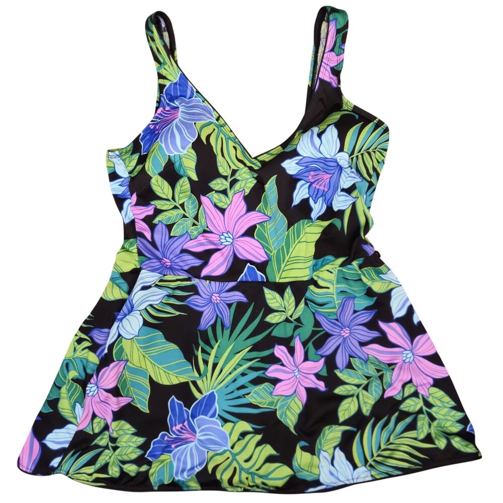 Hawaiian Dark Tropical Floral Vtg 80s Gabar 1 Piece Skirted Swimsuit 14 Modest